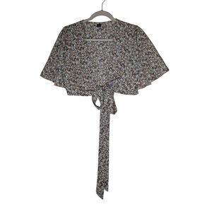 Shein Crop Top‎ Medium Blue Orange Floral Tie Front Deep V Neck Flutter Sleeves